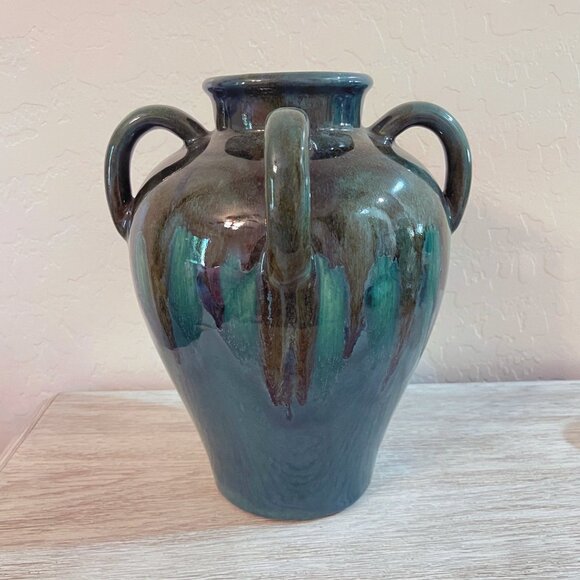 Vase Four Handled Art Pottery Blue Green Unique Heavy